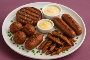 Hambúrgueres plant-based, almôndegas veganas, salsichas vegetais e tiras de carne vegetal