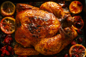 Frango assado com laranjas e cranberries